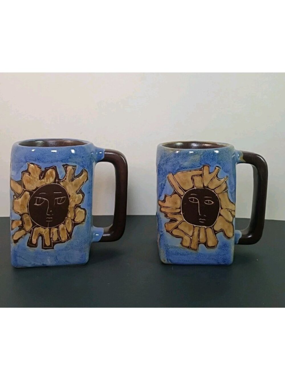 2 Sun Stars Celestial Mara Mugs Set 13 oz  Mexican Stoneware pottery Signed